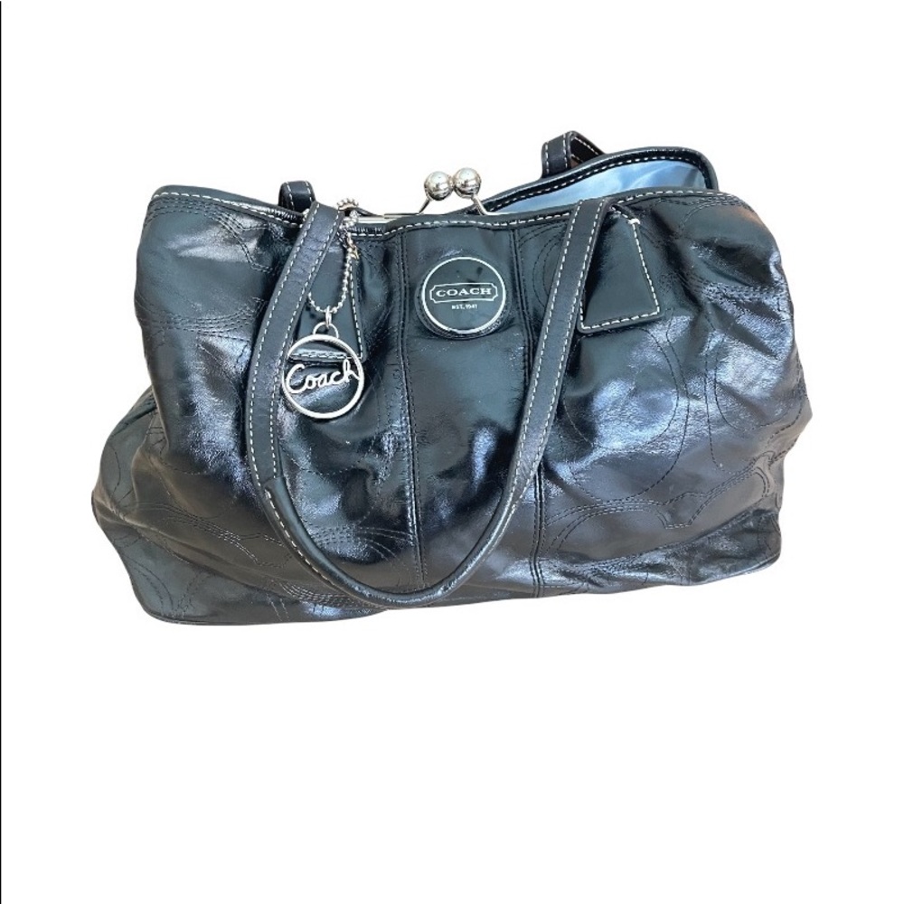 Coach Large Black Leather Satchel Carryall Kiss Lock 3 Compartment Shoulder Bag
